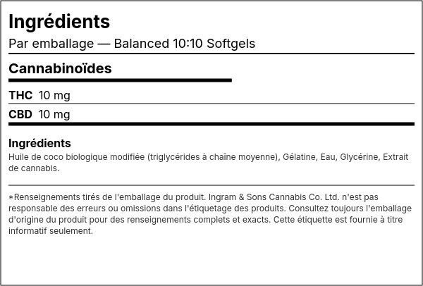 Liste d'ingrédients — Capsules molles équilibrées 10:10