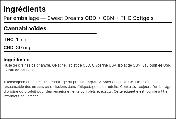 Liste d'ingrédients — Sweet Dreams CBD + CBN + THC Capsules molles