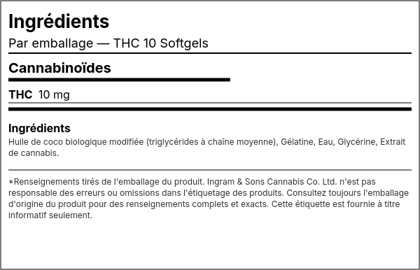 Liste d'ingrédients — THC 10 Capsules Molles