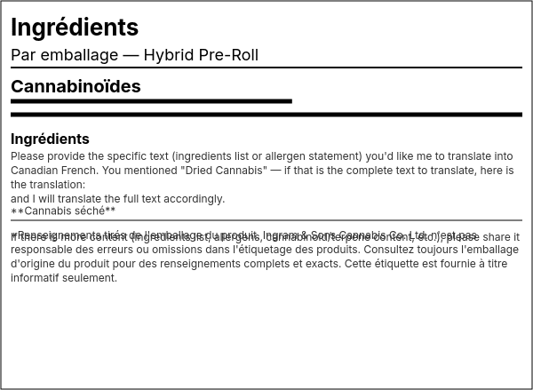 Liste d'ingrédients — Préroulé Hybride