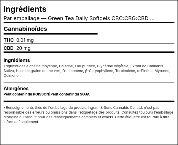 Liste d'ingrédients — Capsules Molles Quotidiennes Green Tea CBC:CBG:CBD + Terpènes