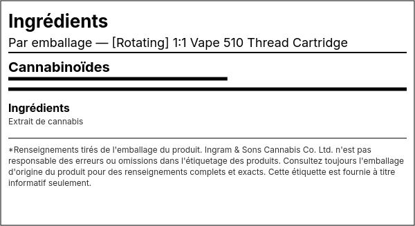 Liste d'ingrédients — [Rotating] 1:1 Vape 510 Thread Cartouche