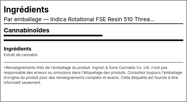 Liste d'ingrédients — Indica Rotational FSE Resin 510 Thread Cartouche