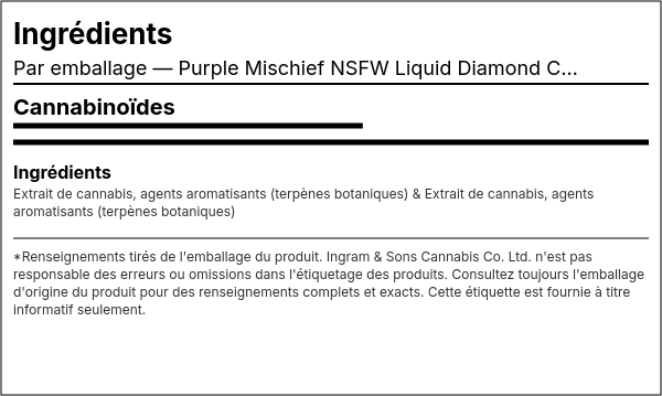 Liste d'ingrédients — Purple Mischief NSFW Liquid Diamond Cartouche