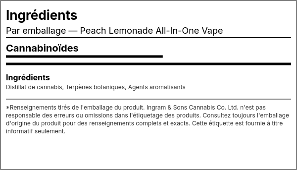 Liste d'ingrédients — Peach Lemonade Vape Tout-En-Un Jetable