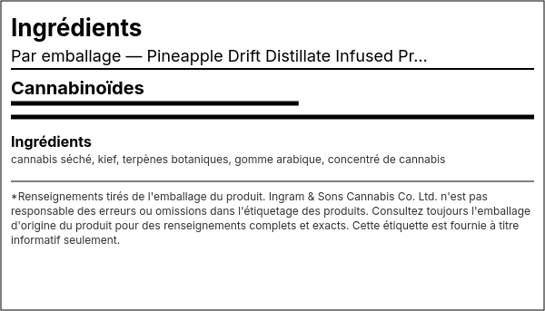 Liste d'ingrédients — Pineapple Drift Distillate Infusé Préroulé