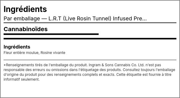 Liste d'ingrédients — L.R.T (Live Rosin Tunnel) Préroulé Infusé
