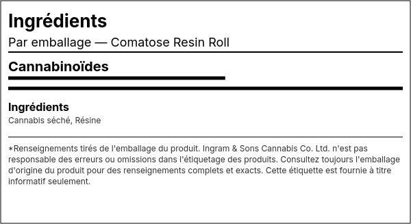 Liste d'ingrédients — Comatose Rouleau de Résine
