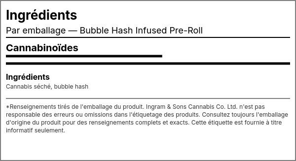 Liste d'ingrédients — Préroulé Infusé au Bubble Hash