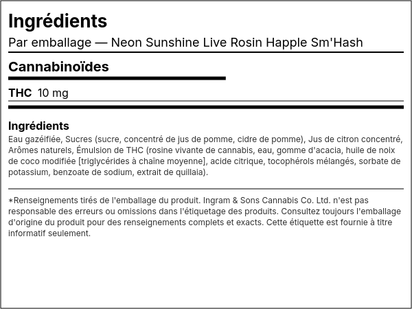 Liste d'ingrédients — Neon Sunshine Live Rosin Happle Sm'Hash