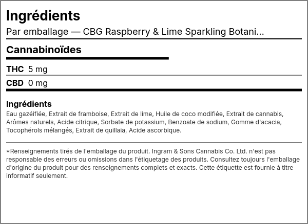 Liste d'ingrédients — CBG Raspberry & Lime Eau Botanique Pétillante