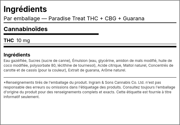Liste d'ingrédients — Paradise Treat THC + CBG + Guarana
