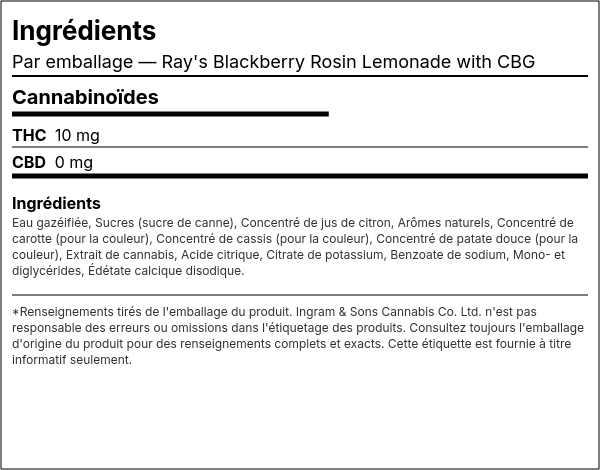 Liste d'ingrédients — Ray's Blackberry Rosin Lemonade with CBG