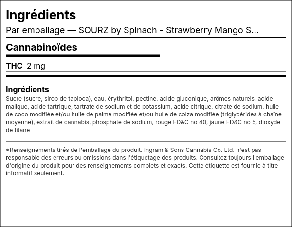 Liste d'ingrédients — SOURZ by Spinach - Mastications Molles Sativa Strawberry Mango