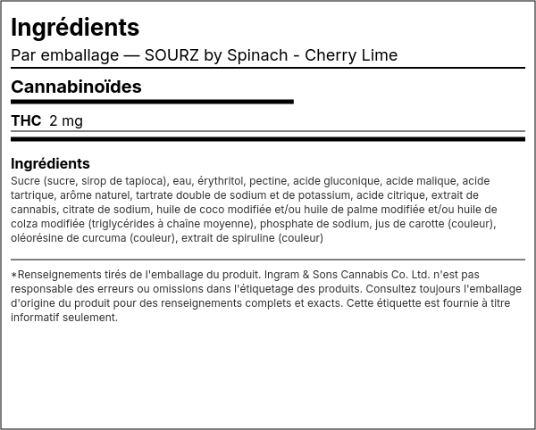 Liste d'ingrédients — SOURZ by Spinach - Cherry Lime