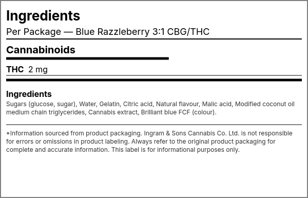 Ingredient list — Blue Razzleberry 3:1 CBG/THC