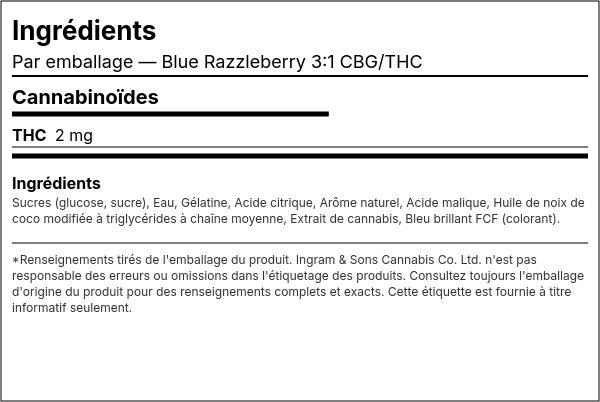 Liste d'ingrédients — Blue Razzleberry 3:1 CBG/THC