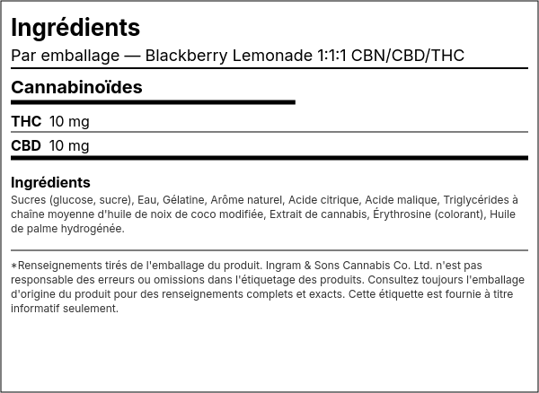 Liste d'ingrédients — Blackberry Lemonade 1:1:1 CBN/CBD/THC