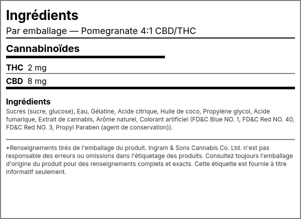 Liste d'ingrédients — Pomegranate 4:1 CBD/THC