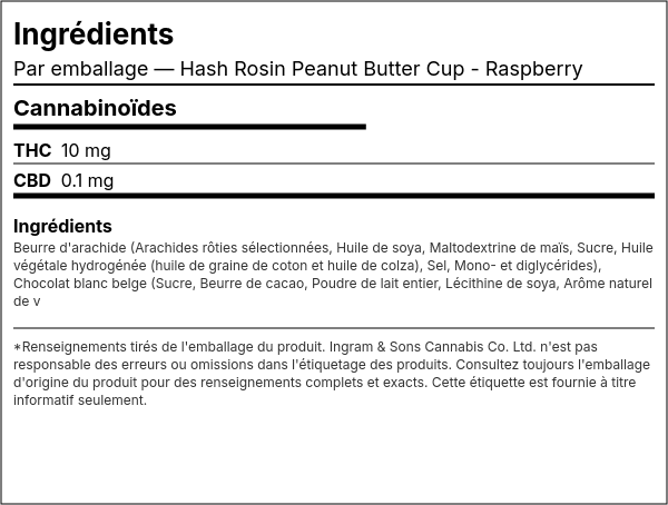 Liste d'ingrédients — Hash Rosin Peanut Butter Cup - Raspberry