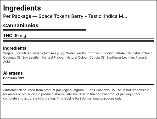 Ingredient list — Space Tokens Berry - Tastic! Indica Multi Pack