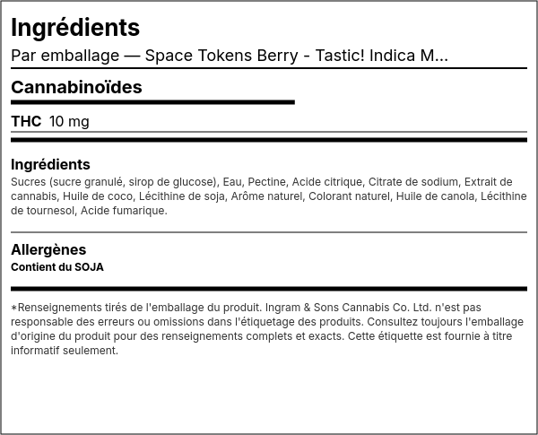 Liste d'ingrédients — Space Tokens Berry - Tastic! Indica Multi Paquet