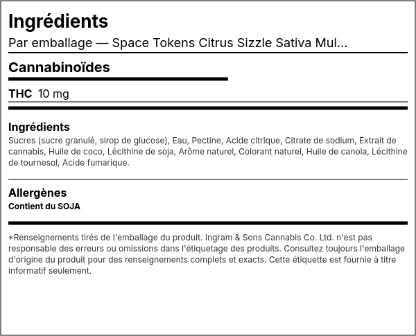 Liste d'ingrédients — Space Tokens Citrus Sizzle Sativa Paquet Multiple