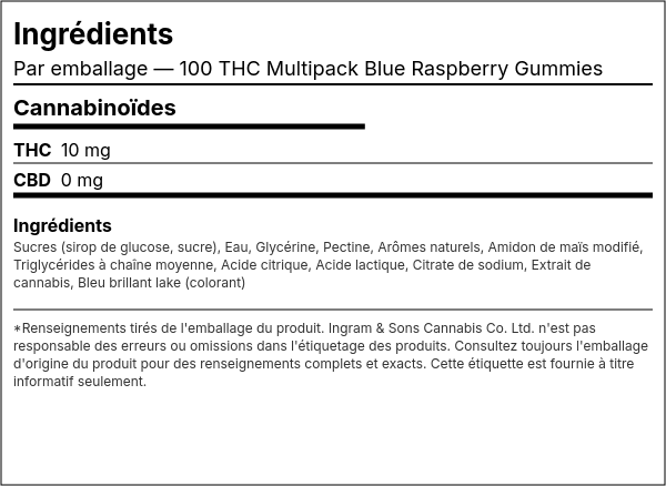 Liste d'ingrédients — 100 THC Multipaquet Blue Raspberry Gommes
