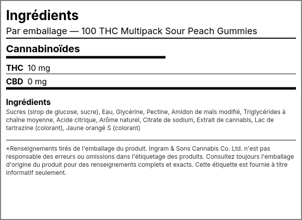 Liste d'ingrédients — 100 THC Multipaquet Sour Peach Gommes