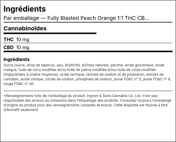 Liste d'ingrédients — Fully Blasted Peach Orange 1:1 THC CBD Gommes