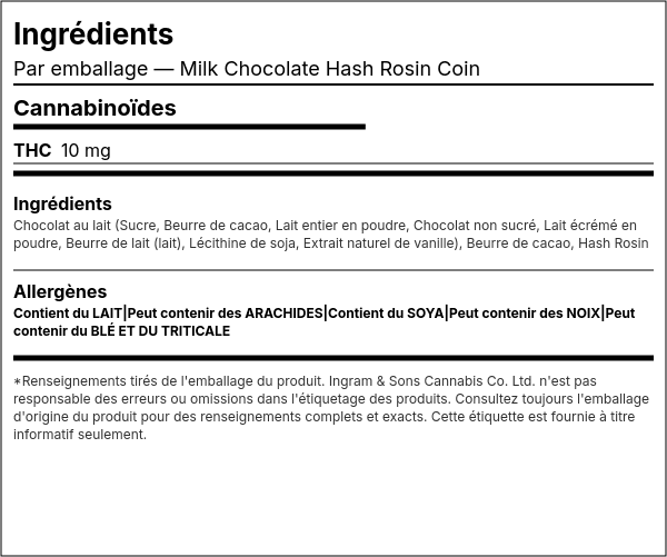 Liste d'ingrédients — Pièce de Chocolat au Lait Hash Rosin