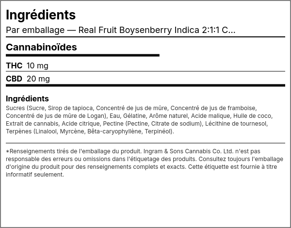 Liste d'ingrédients — Real Fruit Boysenberry Indica 2:1:1 CBD:CBN:THC Multipaquet
