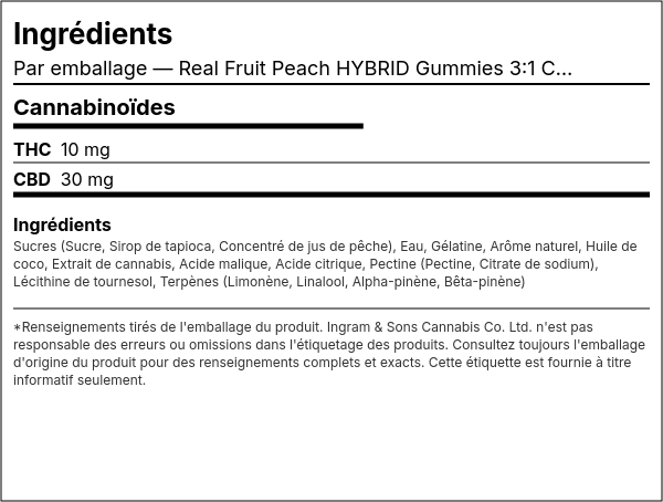 Liste d'ingrédients — Real Fruit Peach HYBRID Gommes 3:1 CBD:THC Multipaquet