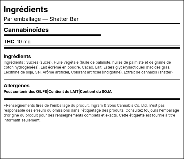 Liste d'ingrédients — Shatter Bar
