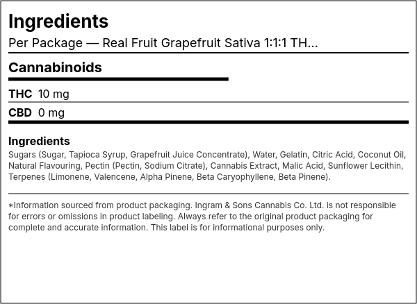 Ingredient list — Real Fruit Grapefruit Sativa 1:1:1 THC:CBG:CBC Multipack