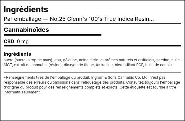 Liste d'ingrédients — No.25 Glenn's 100's True Indica Resin - Green Apple Carton