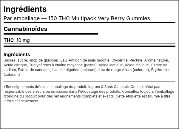 Liste d'ingrédients — 150 THC Multipack Very Berry