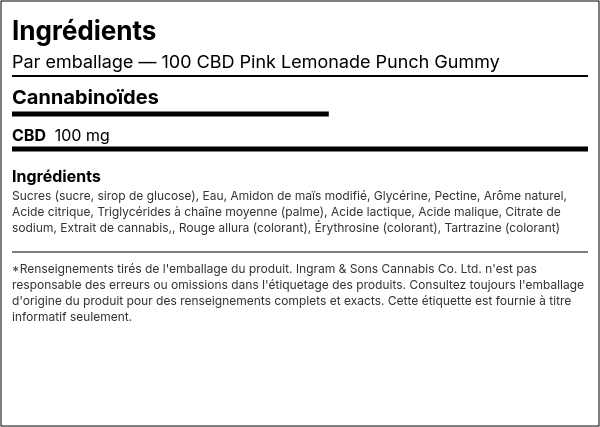 Liste d'ingrédients — 100 CBD Pink Lemonade Punch Gummy