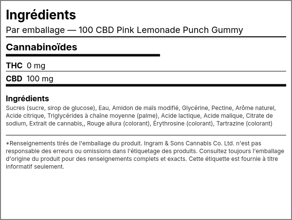 Liste d'ingrédients — Gomme 100 CBD Pink Lemonade Punch