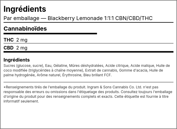 Liste d'ingrédients — Blackberry Lemonade 1:1:1 CBN/CBD/THC