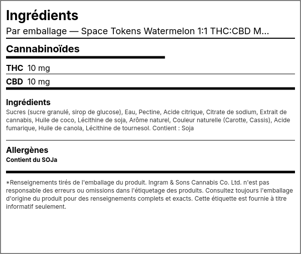 Liste d'ingrédients — Space Tokens Watermelon 1:1 THC:CBD Multipaquets
