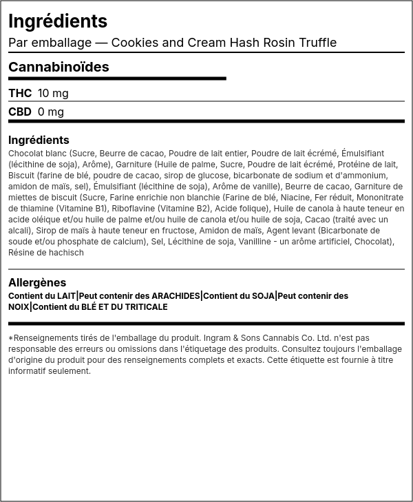 Liste d'ingrédients — Truffe de Résine de Hachisch Cookies and Cream