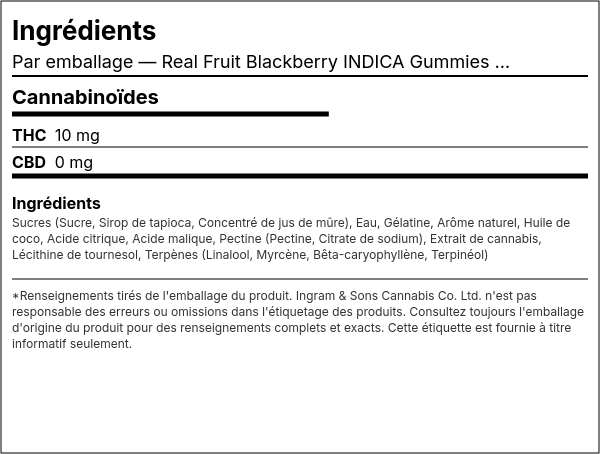 Liste d'ingrédients — Vraies Fruits Blackberry INDICA Gommes Multipack