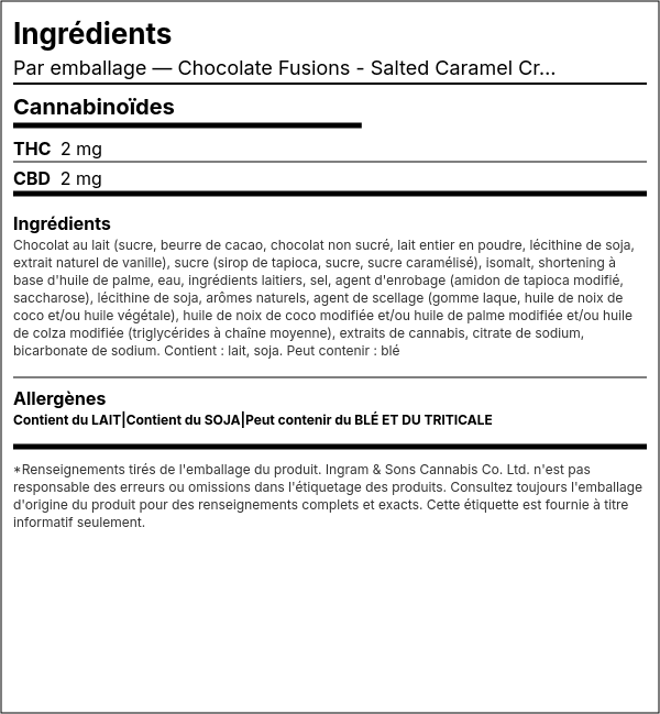 Liste d'ingrédients — Fusions de Chocolat - Salted Caramel Crunch: 1:1 THC CBD