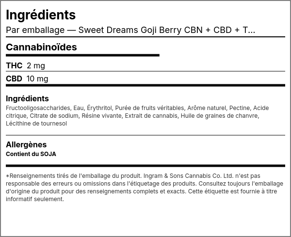 Liste d'ingrédients — Sweet Dreams Goji Berry CBN + CBD + THC Gommes