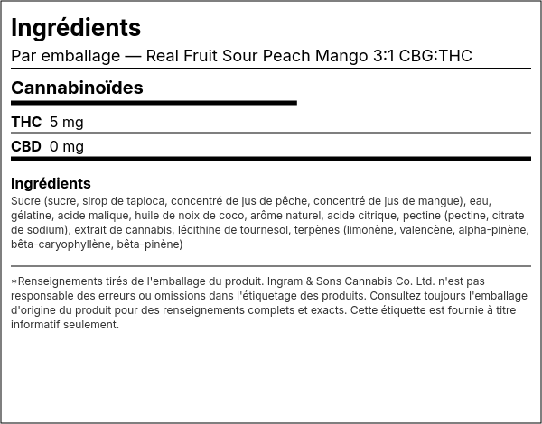 Liste d'ingrédients — Real Fruit Sour Peach Mango 3:1 CBG:THC