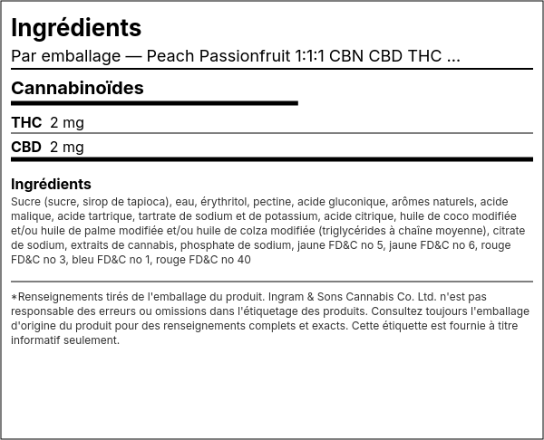 Liste d'ingrédients — Peach Passionfruit 1:1:1 CBN CBD THC Gommes
