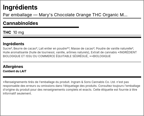 Liste d'ingrédients — Mary's Chocolate Orange THC Chocolat au Lait Biologique