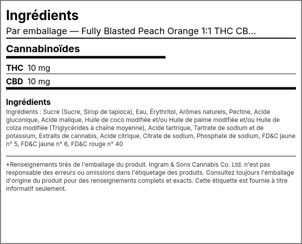 Liste d'ingrédients — Fully Blasted Peach Orange 1:1 THC CBD Gomme