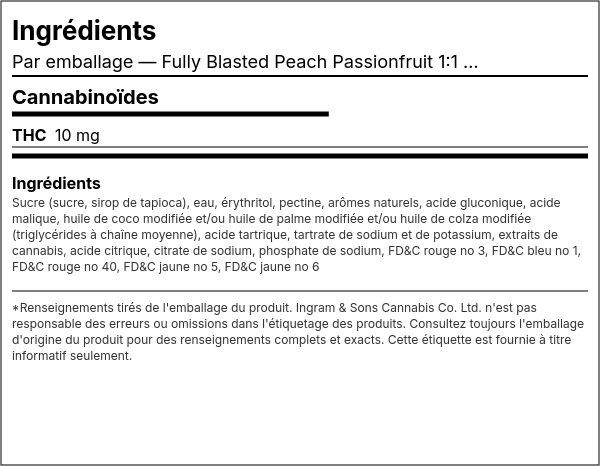 Liste d'ingrédients — Fully Blasted Peach Passionfruit 1:1 CBN THC Gomme